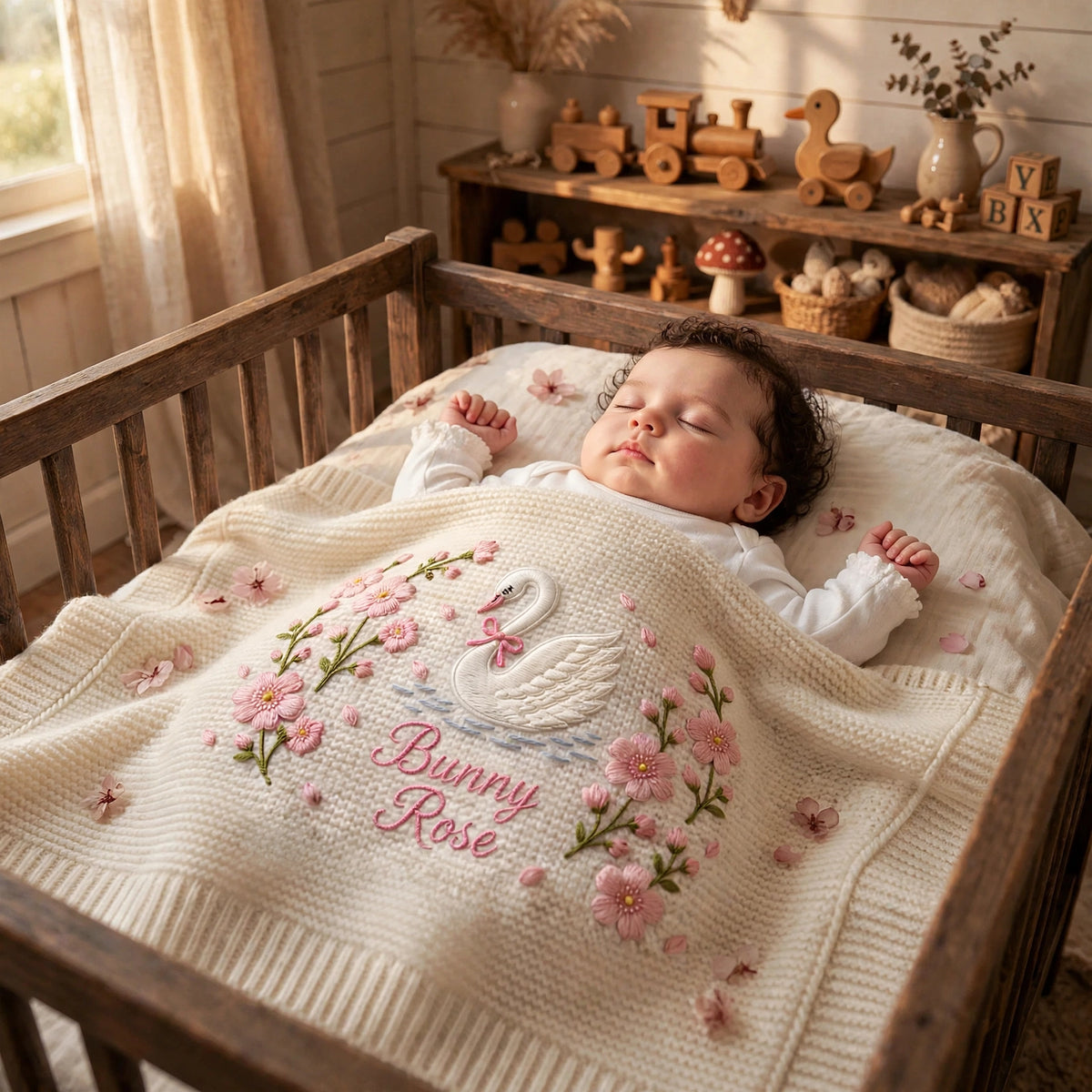 Personalized Swan Baby Blanket with Name | Custom Floral Knit Blanket