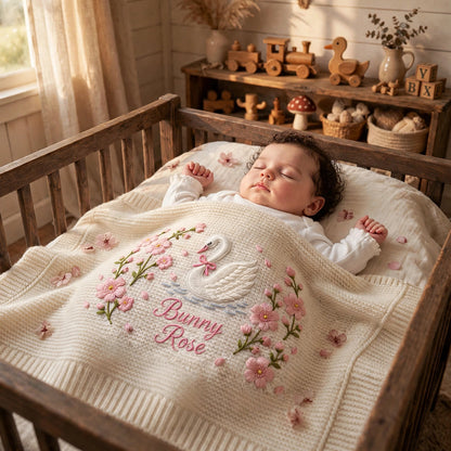 Personalized Swan Baby Blanket with Name | Custom Floral Knit Blanket