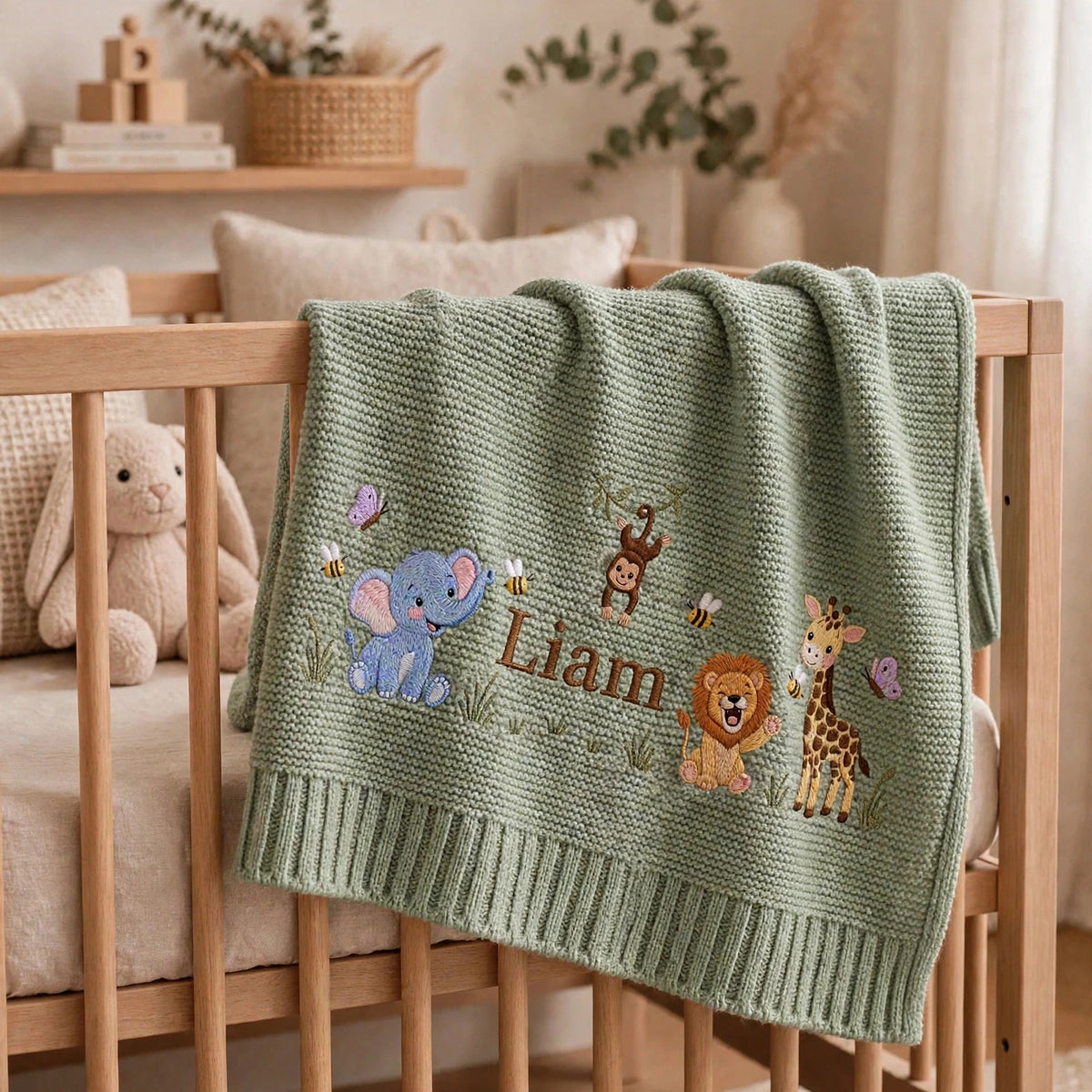Personalized Safari Animals Baby Blanket with Name - Custom Embroidered Baby Name Blanket - Jungle Animals Keepsake Gift for Newborn