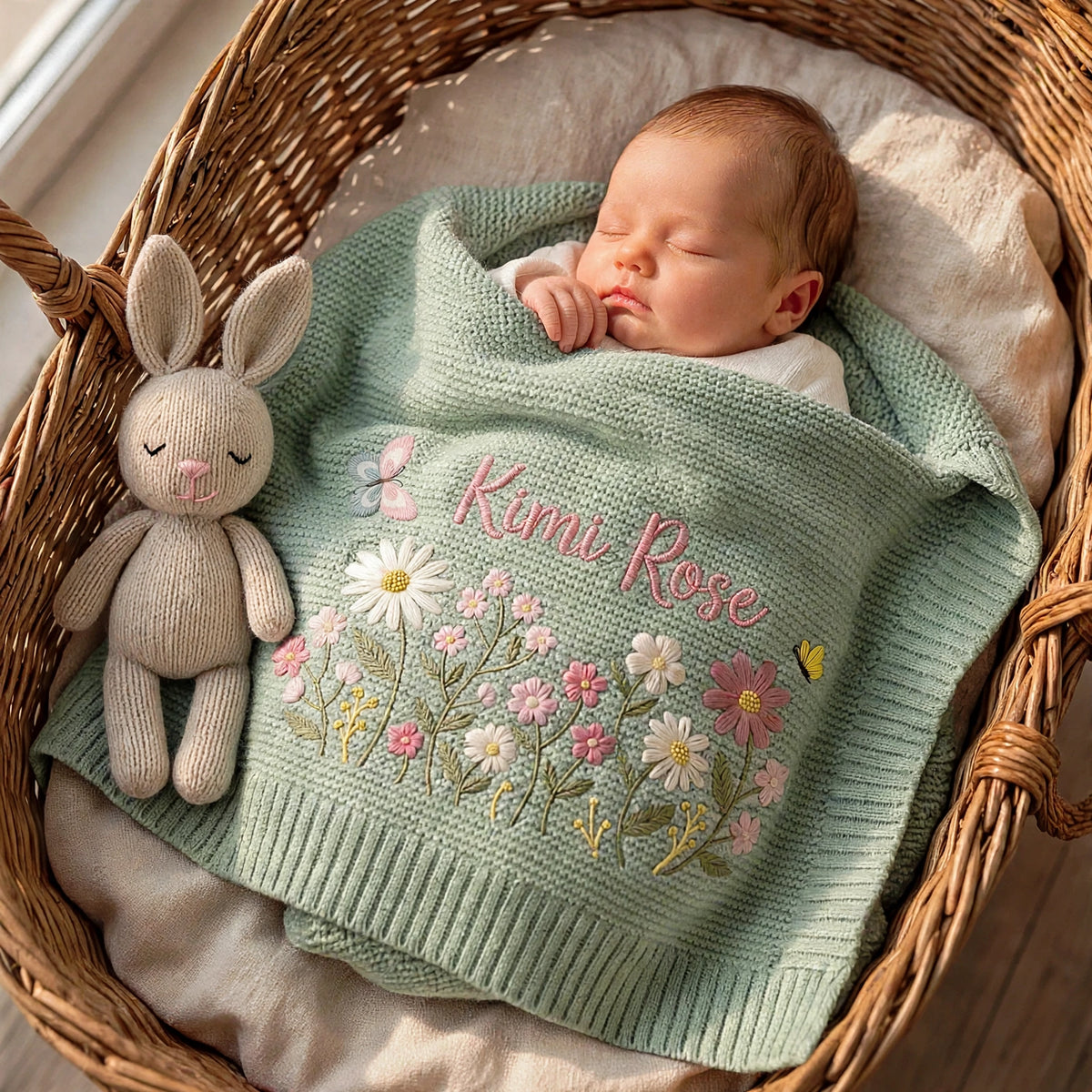 Personalized Floral Baby Blanket with Name - Custom Wildflower Knit Blanket for Baby