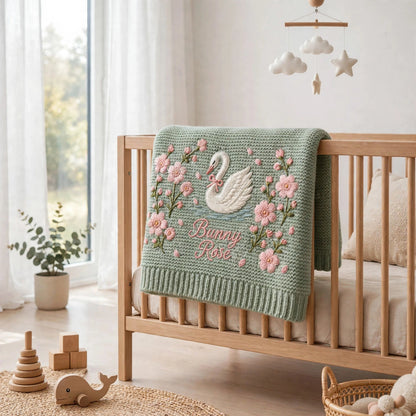 Personalized Swan Baby Blanket with Name | Custom Floral Knit Blanket