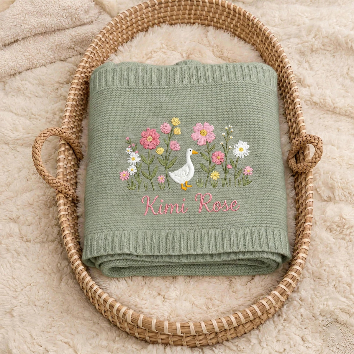 Personalized Duck Floral Baby Blanket with Name | Custom Goose Wildflower Knit Blanket