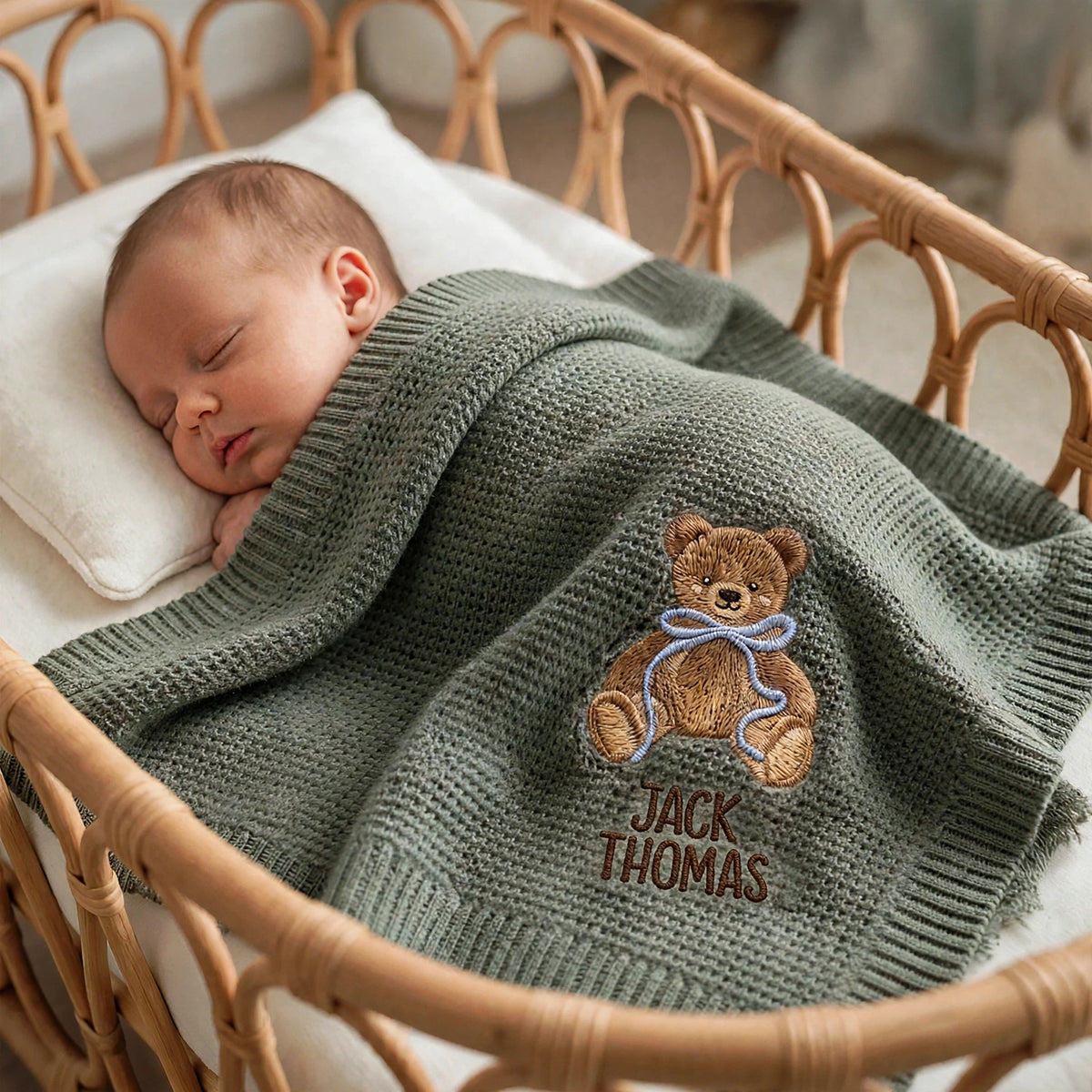 Personalized Teddy Bear Baby Blanket with Name - Custom Embroidered Keepsake