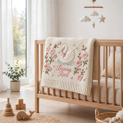 Personalized Swan Baby Blanket with Name | Custom Floral Knit Blanket