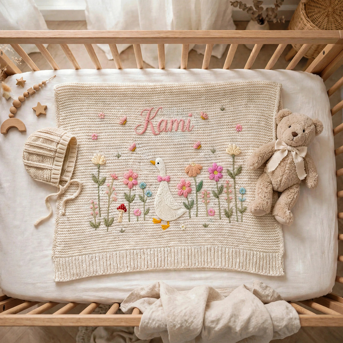 Personalized Goose Baby Blanket with Name - Custom Floral Embroidered Blanket