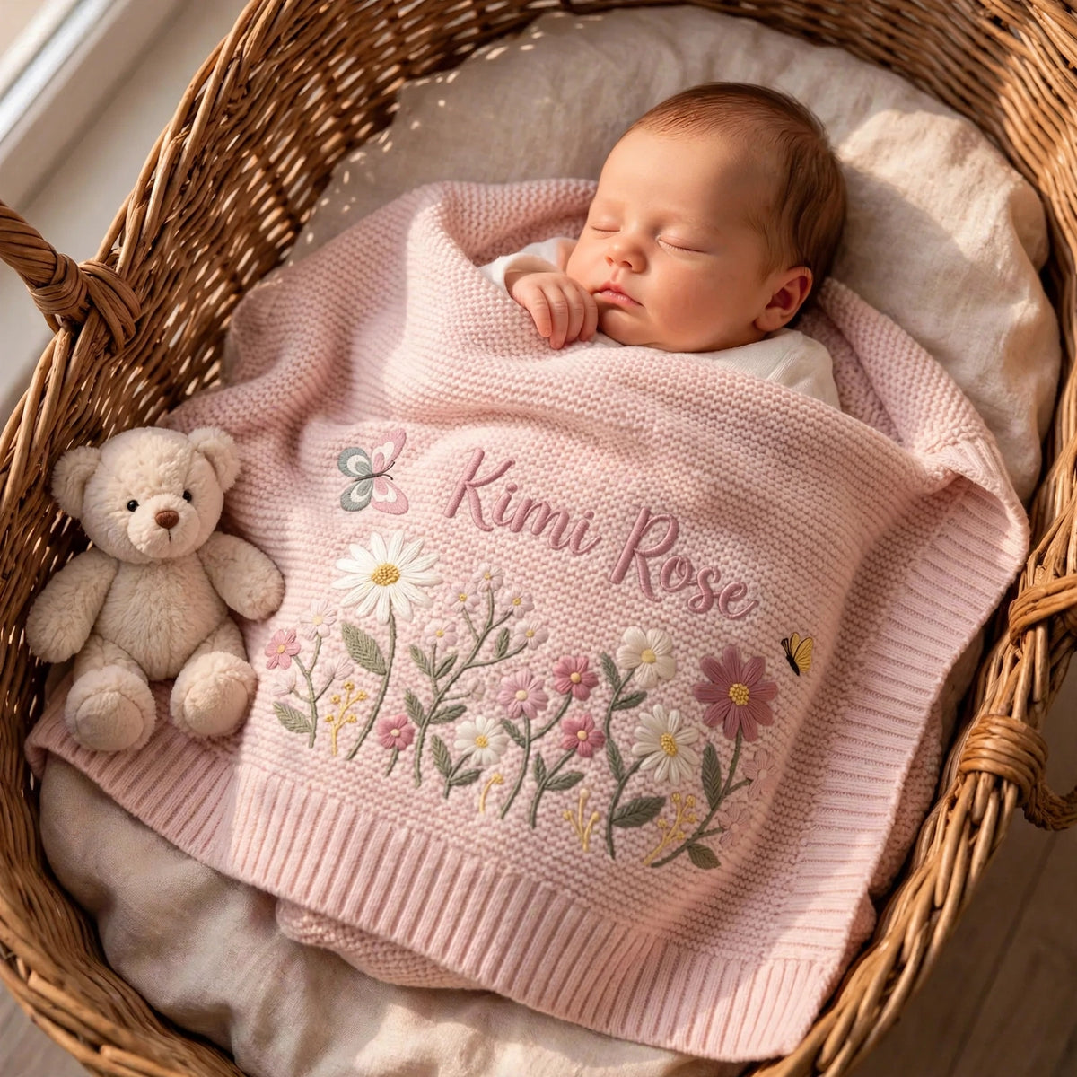 Personalized Floral Baby Blanket with Name - Custom Wildflower Knit Blanket for Baby