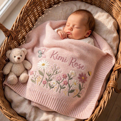 Personalized Floral Baby Blanket with Name - Custom Wildflower Knit Blanket for Baby