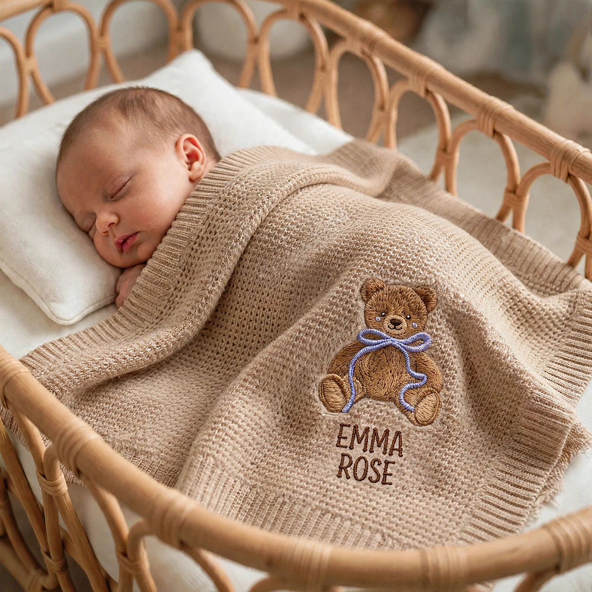 Personalized Teddy Bear Baby Blanket with Name - Custom Embroidered Keepsake