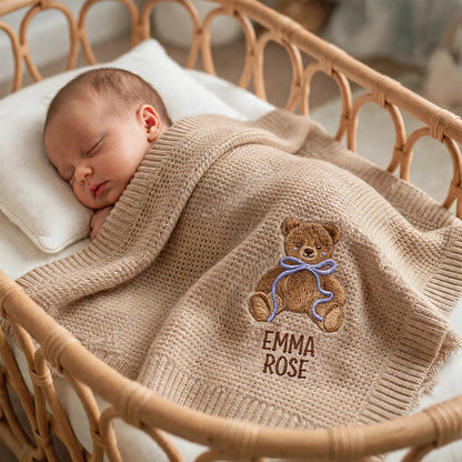 Personalized Teddy Bear Baby Blanket with Name - Custom Embroidered Keepsake