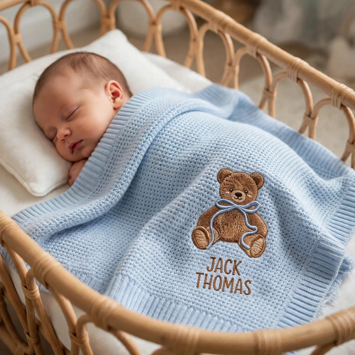 Personalized Teddy Bear Baby Blanket with Name - Custom Embroidered Keepsake