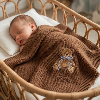 Personalized Teddy Bear Baby Blanket with Name - Custom Embroidered Keepsake