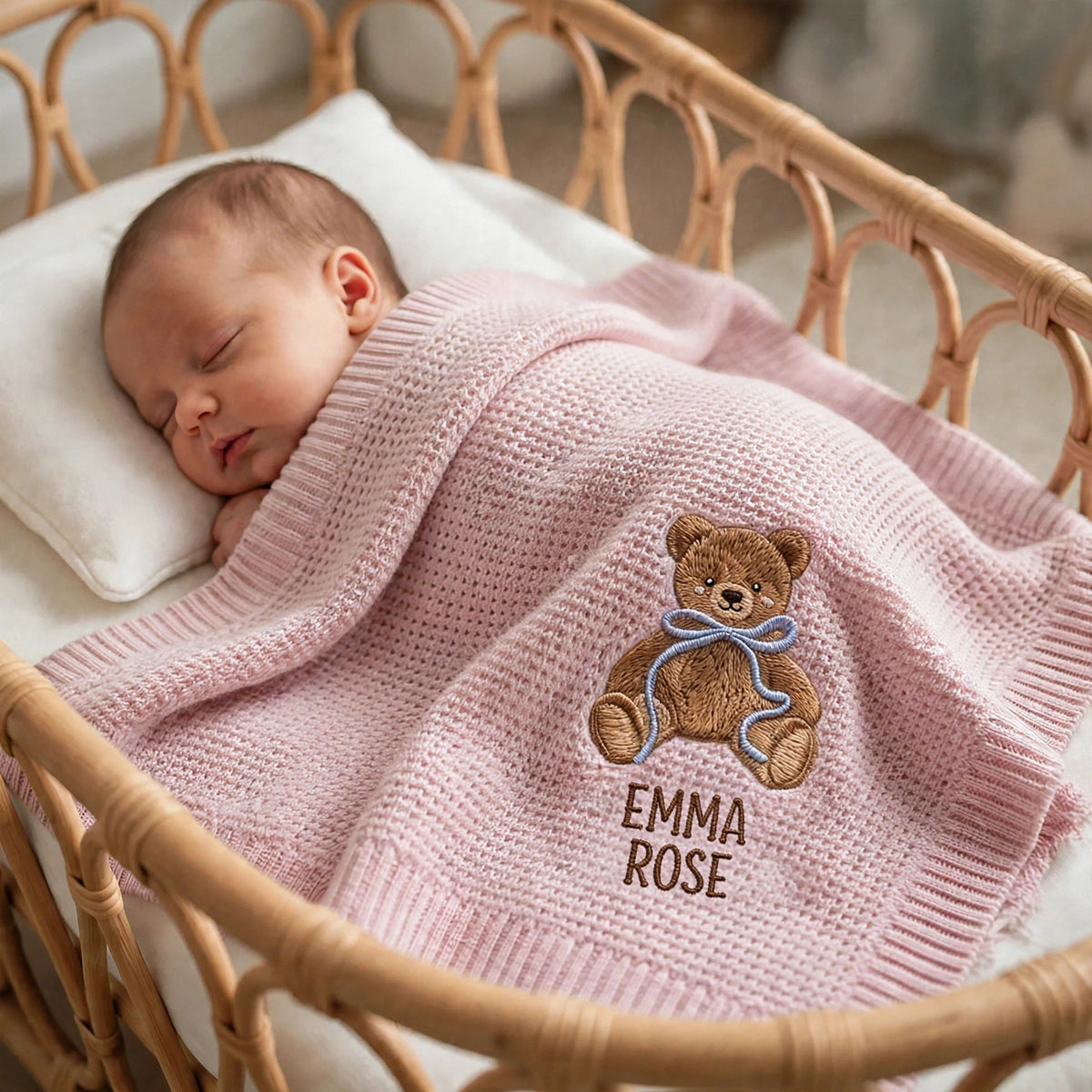 Personalized Teddy Bear Baby Blanket with Name - Custom Embroidered Keepsake