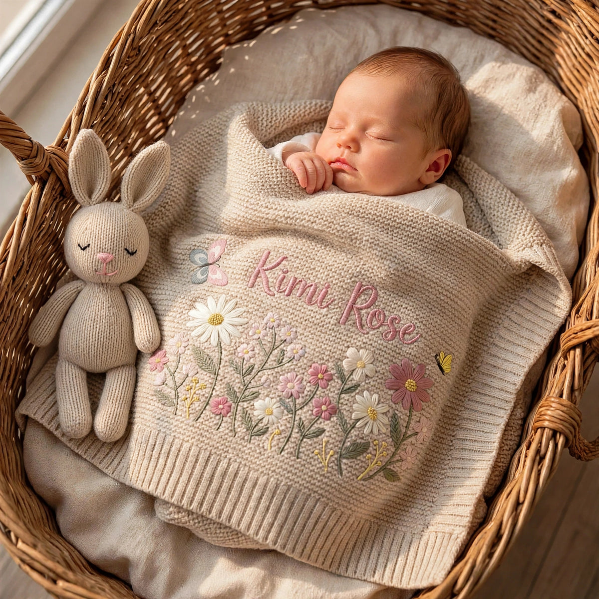 Personalized Floral Baby Blanket with Name - Custom Wildflower Knit Blanket for Baby