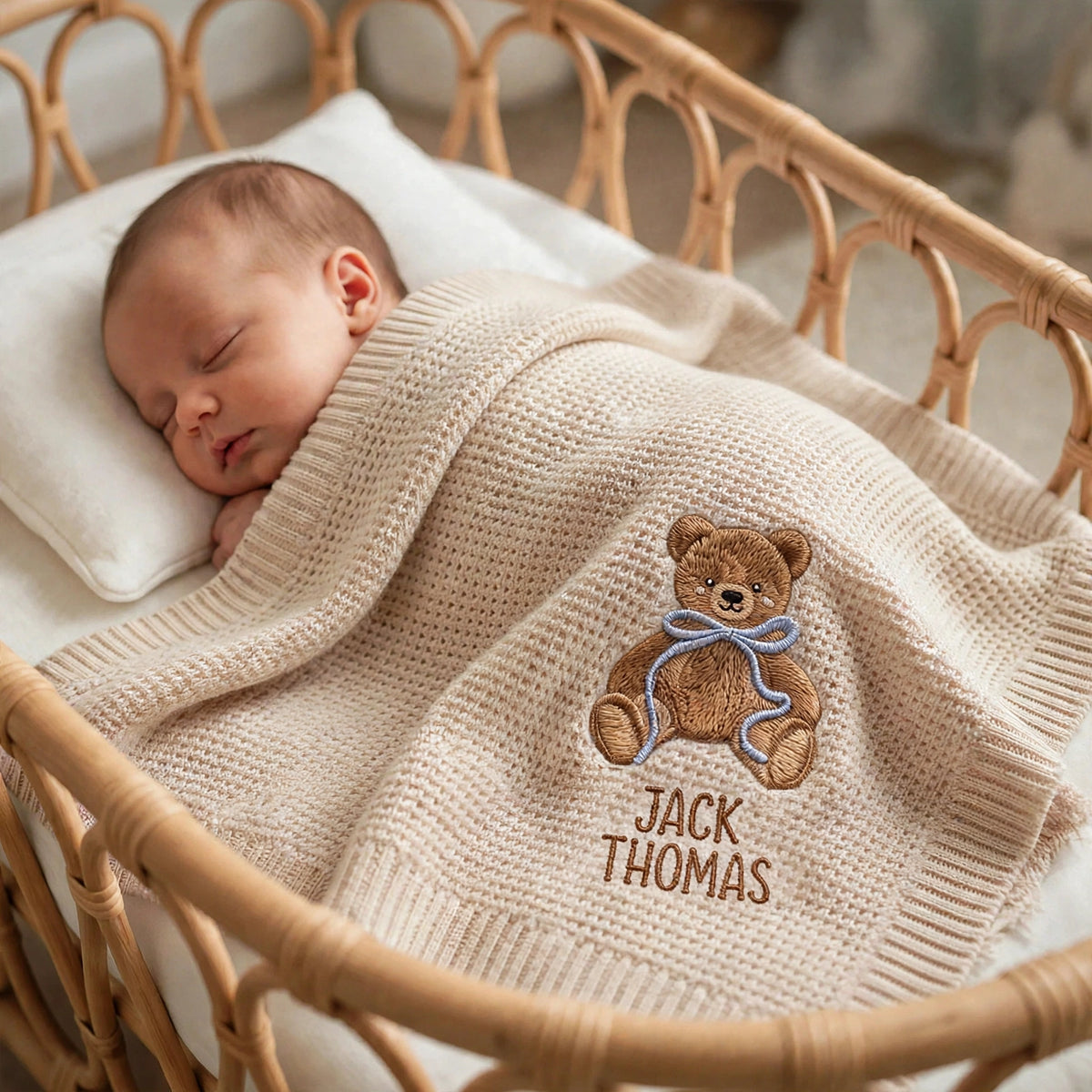 Personalized Teddy Bear Baby Blanket with Name - Custom Embroidered Keepsake