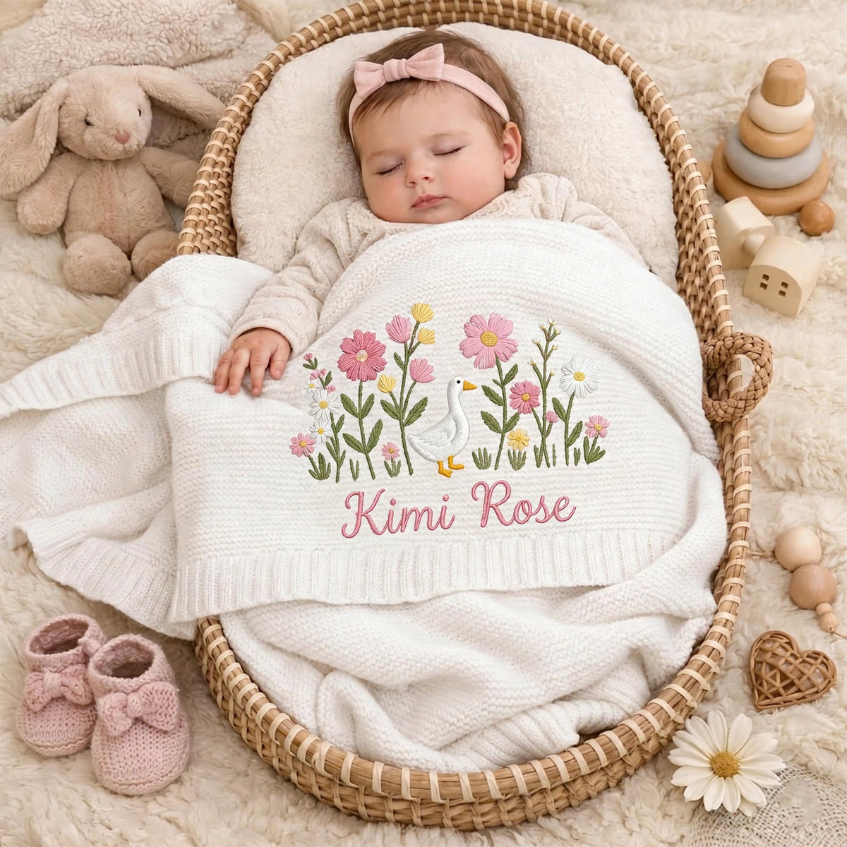 Personalized Duck Floral Baby Blanket with Name | Custom Goose Wildflower Knit Blanket
