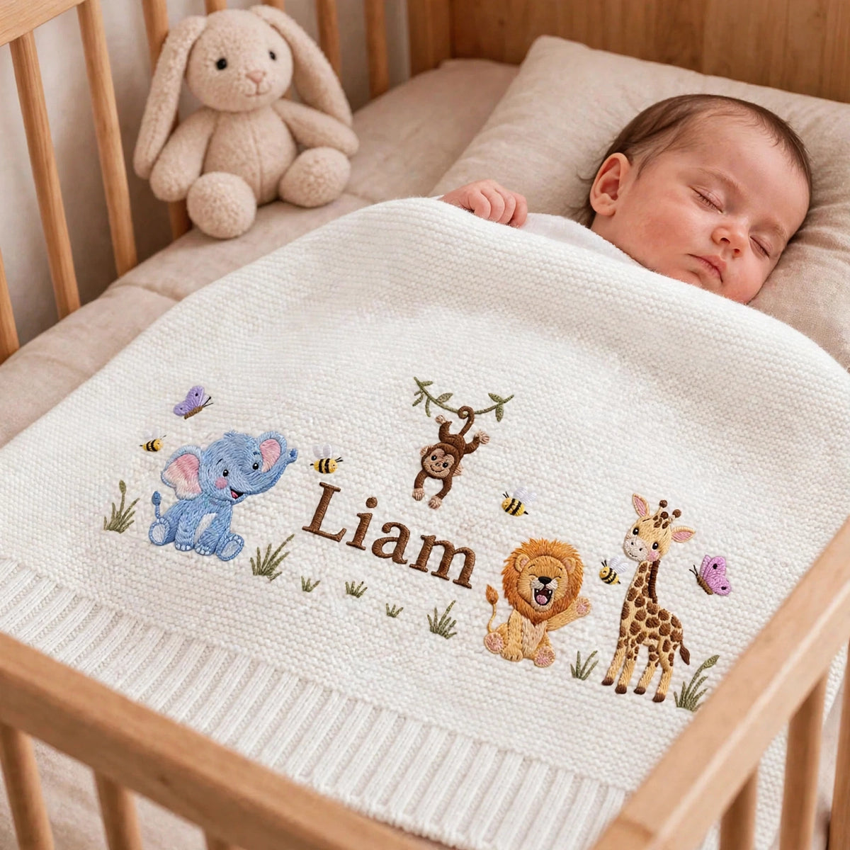 Personalized Safari Animals Baby Blanket with Name - Custom Embroidered Baby Name Blanket - Jungle Animals Keepsake Gift for Newborn