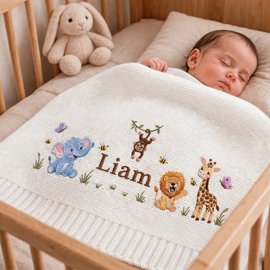 Personalized Safari Animals Baby Blanket with Name - Custom Embroidered Baby Name Blanket - Jungle Animals Keepsake Gift for Newborn